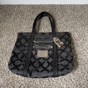 Coach Poppy Op Art Glam Tote Shoulder Hand Bag #13826 Black Logo Jacquard